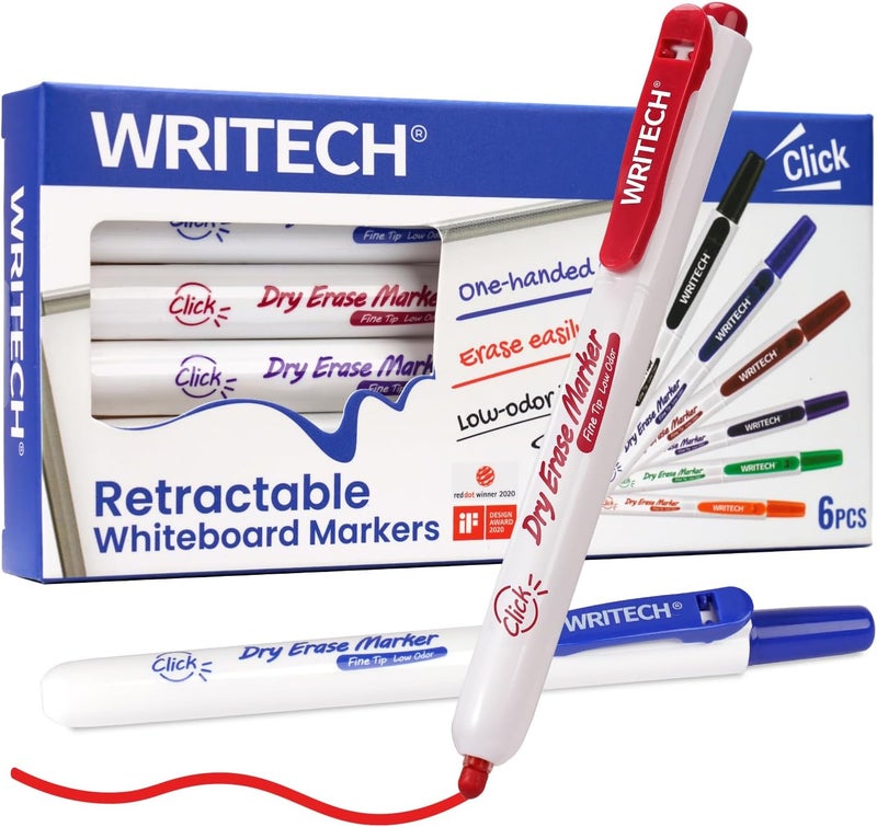 WRITECH Retractable Dry Erase Markers: Fine Point Clickable Colored Ink Marker Low Odor Erasable Thin Tip Refillable Multicolor Whiteboard Marker Pen Set 6ct No Smear Bleed - Image 1