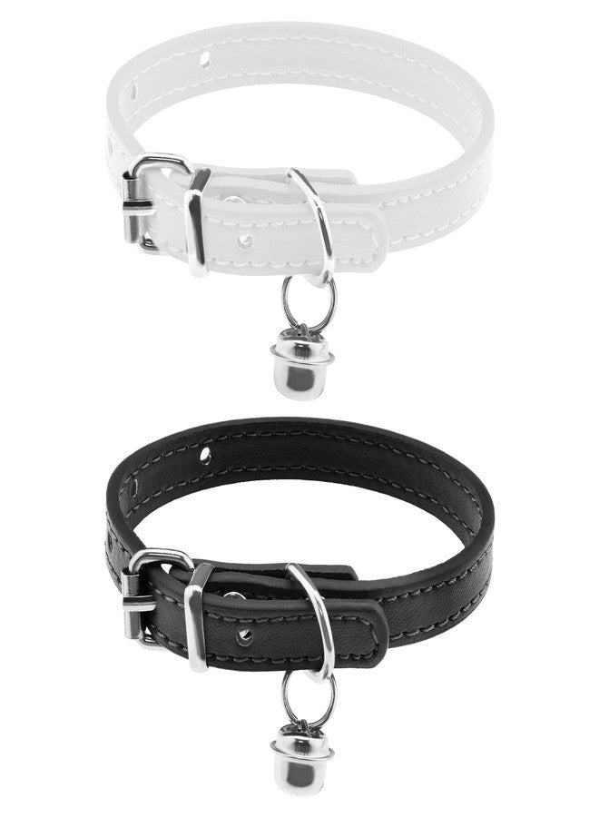 ECSiNG 2PCS Cat Collar with Bell PU Leather Comfortable Kitten Collars for 15~23cm Neck Size Adjustable Length Small Pets Supplies 1cm Width Black & White - Image 1