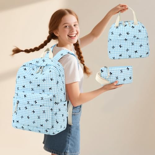 LEDAOU Kids Backpack for Girls Backpacks with Lunch Box School Bookbag Set Primary Middle School Daypack Elementary for Age 8-12 (Blue bow) - Image 2