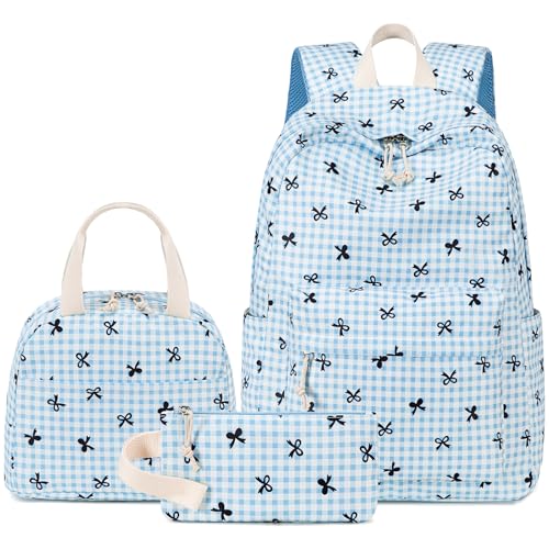 LEDAOU Kids Backpack for Girls Backpacks with Lunch Box School Bookbag Set Primary Middle School Daypack Elementary for Age 8-12 (Blue bow) - Image 1