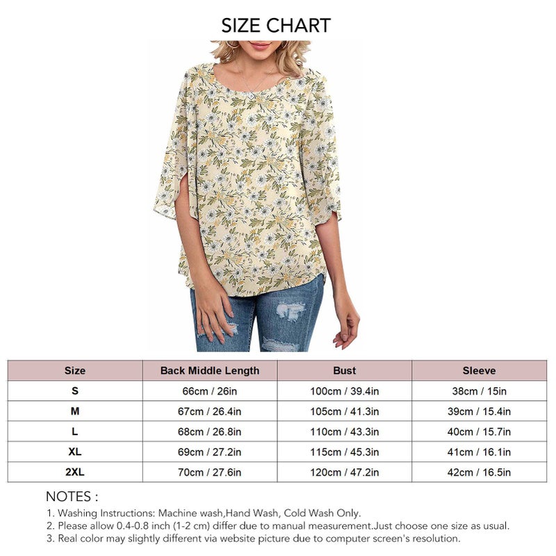 Women Round Neck Top Half Ruffled Slit Sleeves Double Layers Loose Type Casual Chiffon T Shirt Green Back White Flowers M - Image 3