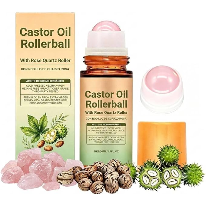 YOOJ 1Pcs Castor Oil with Rose Quartz Roller - 100% Cold Pressed Moisturizing Oil with Rose Quartz Roller Ball for Face and Body, Hair, Eyebrows, Moisturize Skin - Image 1
