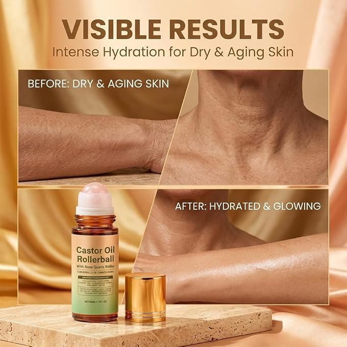 YOOJ 1Pcs Castor Oil with Rose Quartz Roller - 100% Cold Pressed Moisturizing Oil with Rose Quartz Roller Ball for Face and Body, Hair, Eyebrows, Moisturize Skin - Image 2