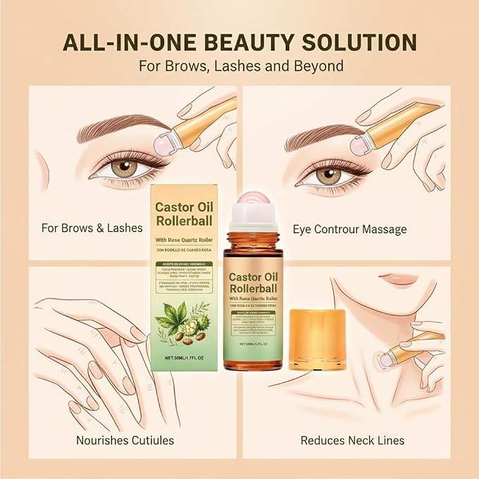 YOOJ 1Pcs Castor Oil with Rose Quartz Roller - 100% Cold Pressed Moisturizing Oil with Rose Quartz Roller Ball for Face and Body, Hair, Eyebrows, Moisturize Skin - Image 3