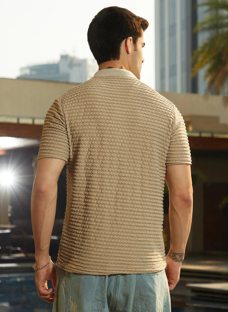 CAHOOT  Men's Ash Brown Crease-Tactile Cuban Polo T-Shirt for Men | Best Price UAE