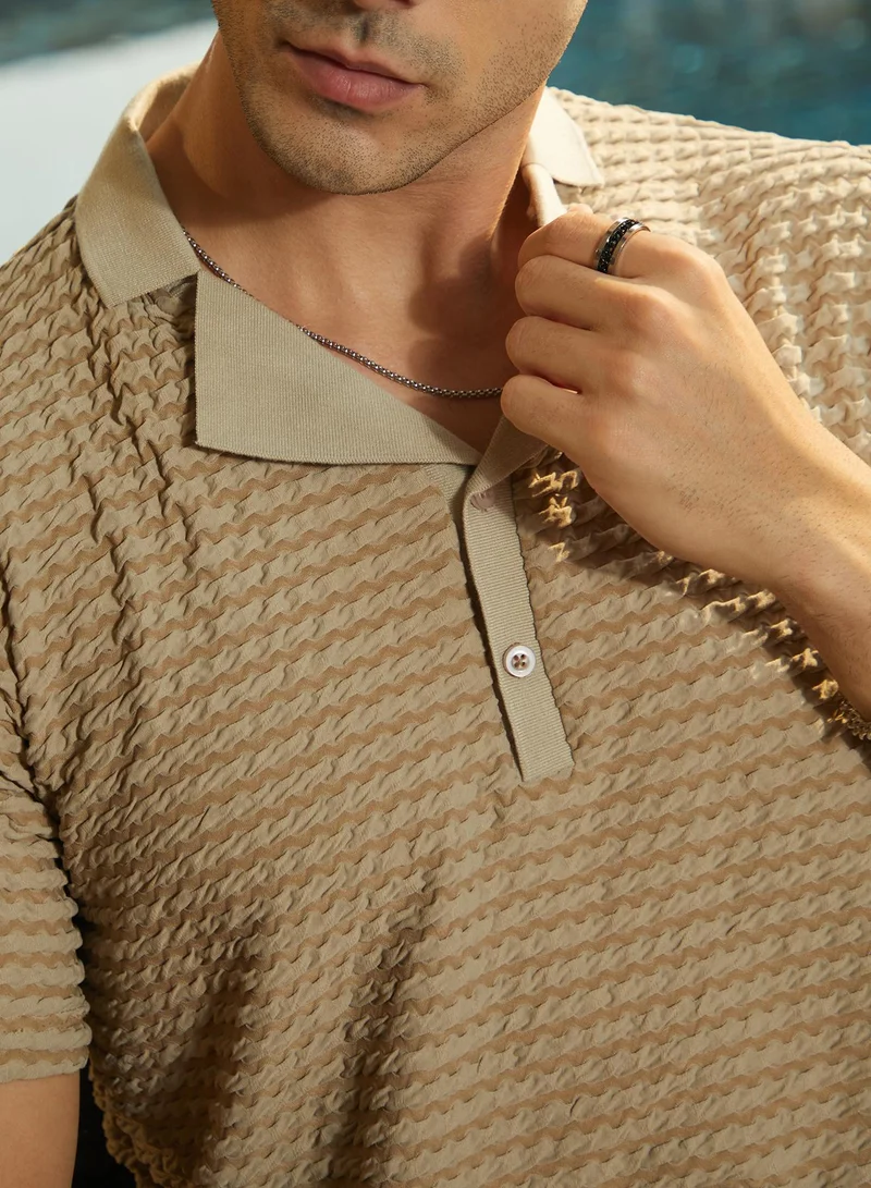 CAHOOT  Men's Ash Brown Crease-Tactile Cuban Polo T-Shirt for Men | Best Price UAE