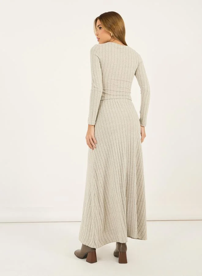 Styli Front Twisted Detail Rib Knit Top & Maxi Flared Skirt Co-Ords