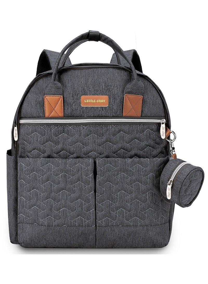 Little Story Quilted Diaper Backpack With Pacifier Bag And Stroller Hooks - Grey - Image 2