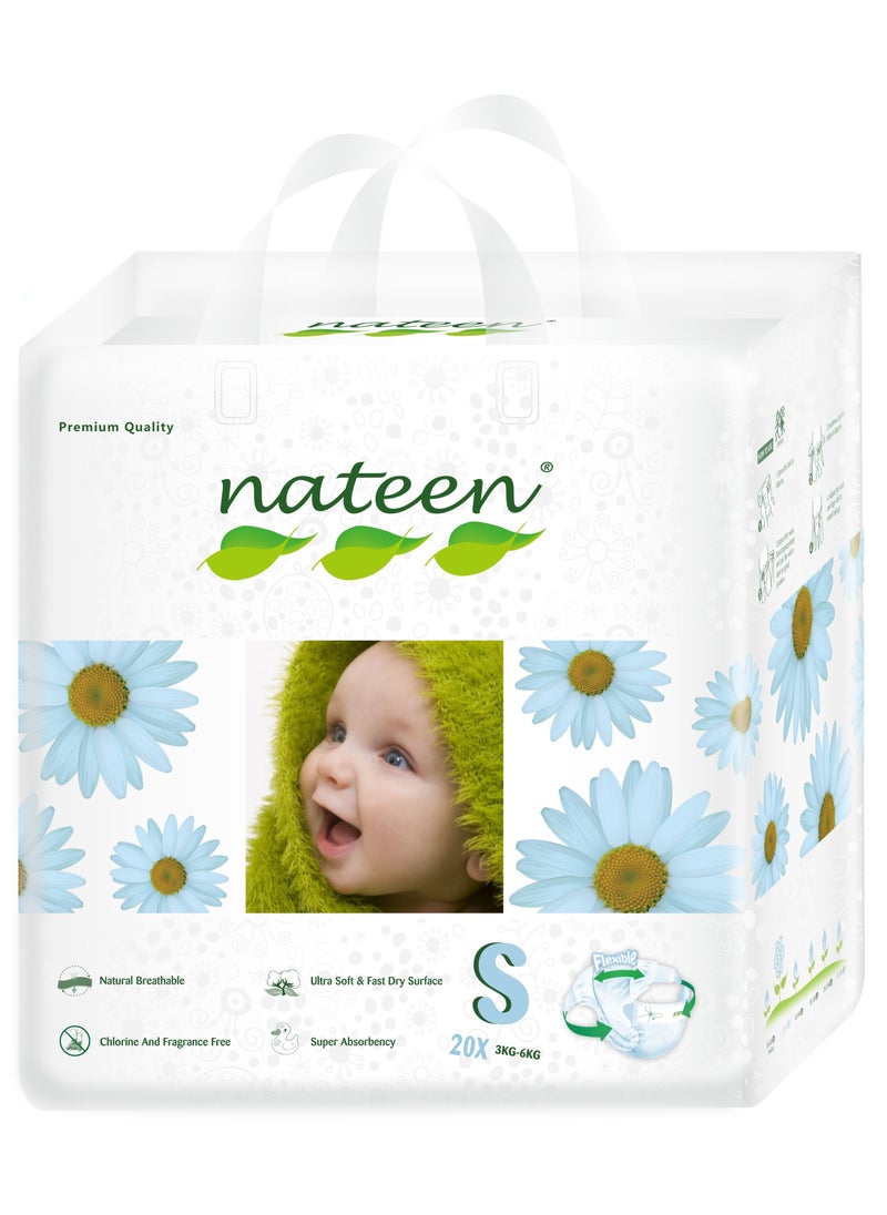 nateen Premium Care Baby Diapers,Size 2 (3-6kg),Small,20 Count Diapers,Super Absorbency,Breathable Baby Diaper.  - Image 1
