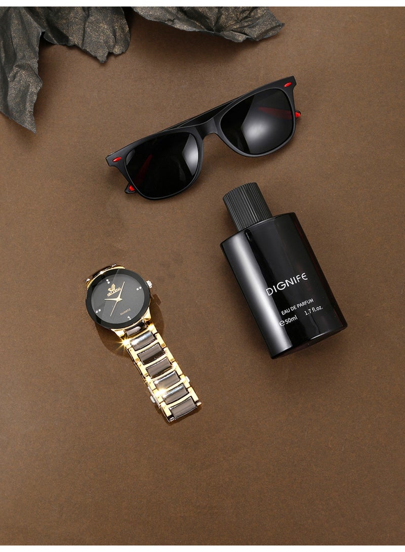 الرجال الذهب أزياء كبيرة الهاتفي ووتش مجموعة ، مع نظارات سوداء باردة والعطور ، تسليط الضوء على سحر الرجل ، هدية مربع التعبئة والتغليف ، هدية مثالية لعيد ميلاده - Image 2