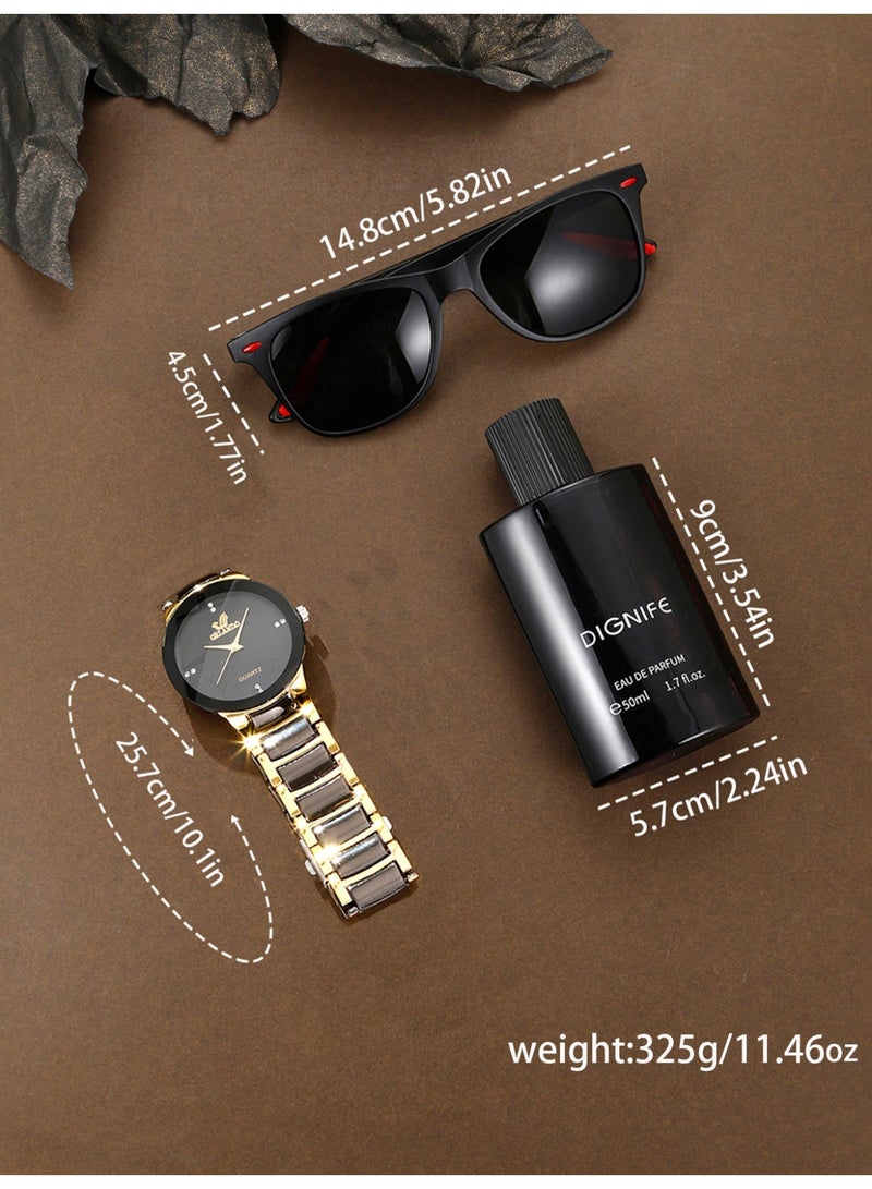 الرجال الذهب أزياء كبيرة الهاتفي ووتش مجموعة ، مع نظارات سوداء باردة والعطور ، تسليط الضوء على سحر الرجل ، هدية مربع التعبئة والتغليف ، هدية مثالية لعيد ميلاده - Image 3