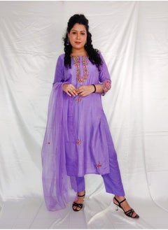PRIYA’S PANACHE PRIYA’S PANACHE Purple Dola Silk Kurta Pant Set with Embroidered Dupatta for Women.  - Image 3