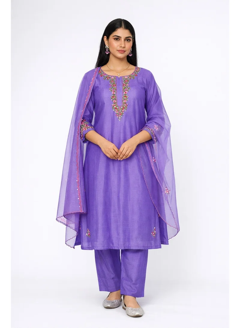 PRIYA’S PANACHE Purple Dola Silk Kurta Pant Set with Embroidered Dupatta for Women.