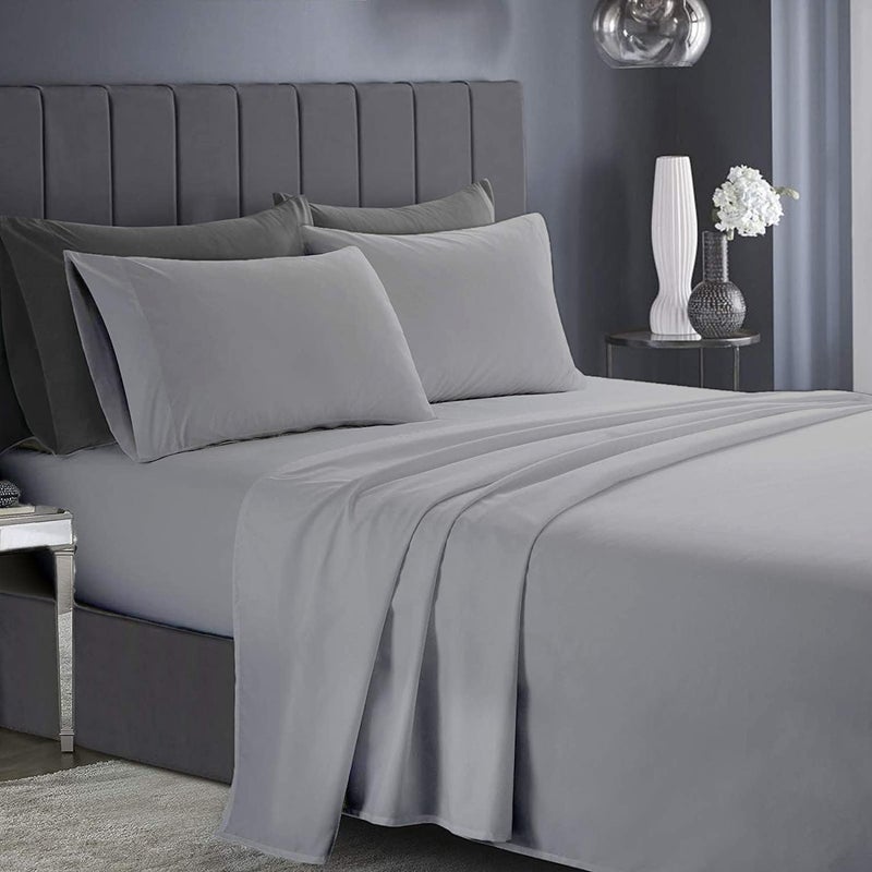RISHAHOME 3 Piece Deep Pocketed Fitted Bedsheet Set Twin Size|Ash Grey Colour |1 Fittedsheet - 120x200+20 cm, 2 Pillowcases - 50x75 cm|Non allergic Microfiber for year-around use. - Image 1