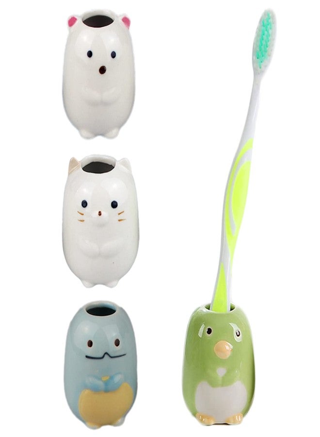 NYDECOR Animal Mini Ceramic Toothbrush Holder Stand for Bathroom Vanity Countertops, 4 Pack(Cat, Bear, Dinosaur, Penguin) - Image 1