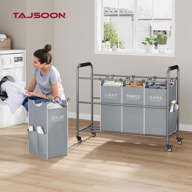 Tajsoon عربة تصنيف الملابس من بـ 4 أكياس، سلة تصنيف الملابس مقسمة إلى 4 أقسام مزودة بعجلات دوارة قوية قابلة للقفل، سلة فصل الملابس مع أكياس قابلة للإزالة لتخزين الملابس القذرة، ألوان رمادي وأبيض - Image 2