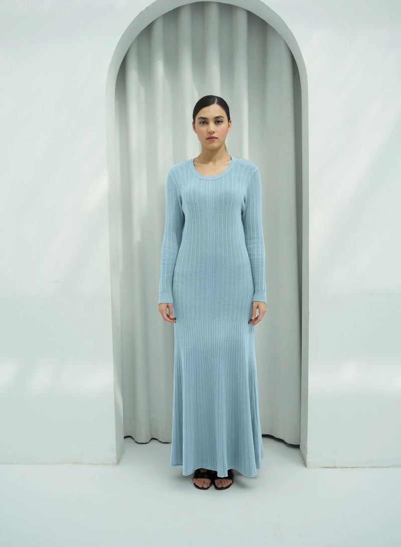 Andy 2329 | Women's Premium Ribbed Knit Maxi Dress – Long-Sleeve Bodycon Design with Scoop Neckline | Elegant and Comfortable Full-Length Outfit for Everyday Wear and Special Occasions | Aqua Blue