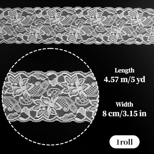 Notoke White Lace Ribbon, 3.14Inch Wide Sewing Lace Trim, 5 Yard Elastic Stretchy Lace's Fabric Perfect for Crafting,Sewing Making,Gift Wrapping and Bridal Wedding Decorations - Image 2