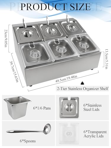 Lanstics 9 Pans Spice Rack Shelf 2 Row Stainless Steel Spice Organizer Stand with Lids Spoons Countertop Inclined Holder Buffet Containers Set for Sauce Jam Fruits Ingredient Kitchen Restaurant Pantry - Image 2