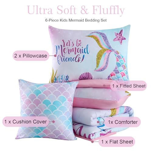 Cokouchyi Full Size Comforter Set for Girls, 6-Piece Bed in a Bag, 3D Colorful Mermaid Bedding Comforter Sheet Set, Ultra Soft and Fluffy, Mermaid - Image 3