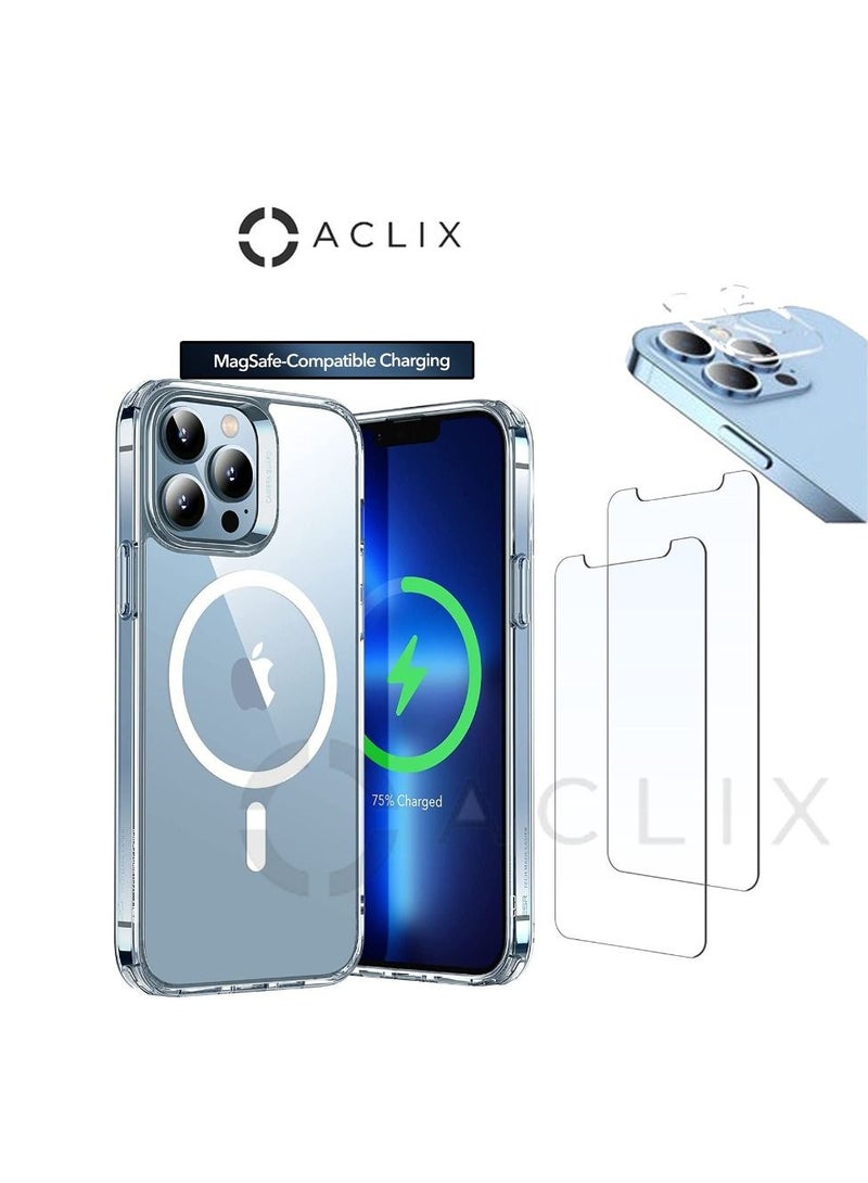 ACLIX 3in1 Shockproof Magsafe-Compatible Charging Case with 3D Tempered Glass Screen Protector & Camera Lens For iPhone 13 Pro Clear