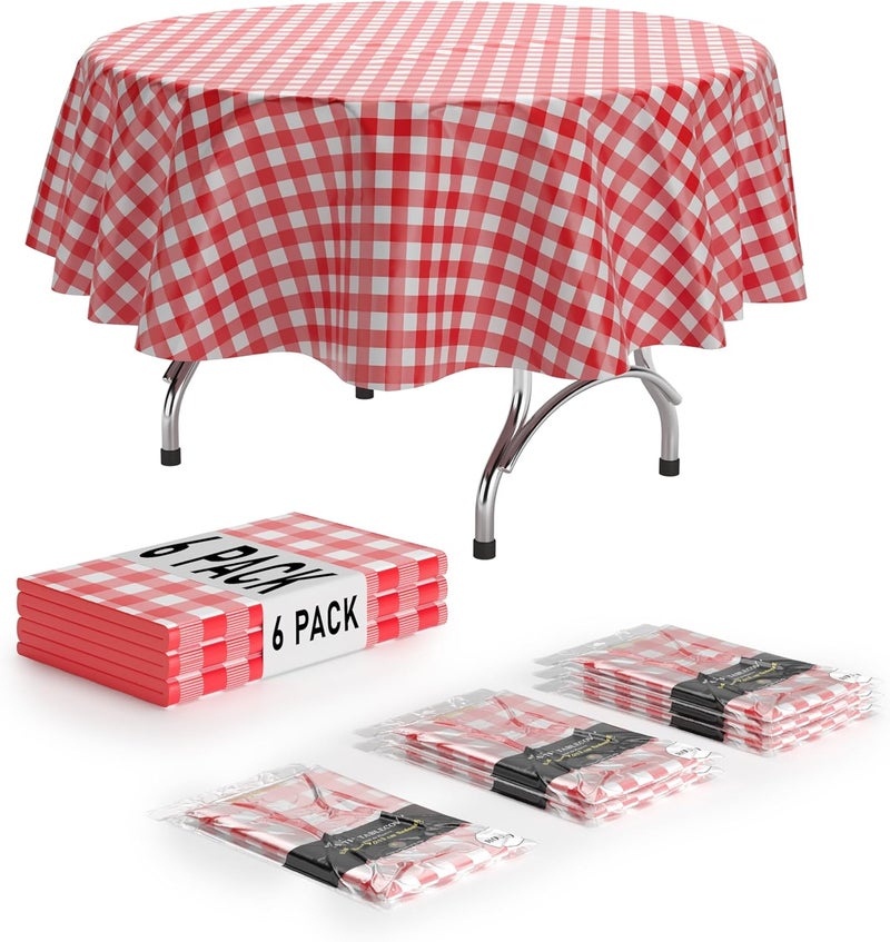 Exquisite 6 Pack Red Gingham Plastic Disposable Table Cloth, Round Table Cover 84 inch, Heavy Duty Waterproof Party Tablecloth for Birthdays, Parties, Events, Picnics, Camping & Banquets, - Image 1