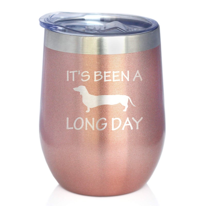 Bevvee Been a Long Day  Dachshund Wine Tumbler with Sliding Lid  Stemless Stainless Steel Insulated Cup  Cute Funny Gift for Coworkers or Boss  Rose Gold 