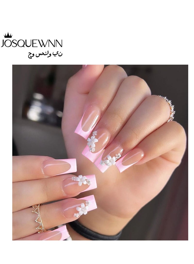 جوسكوين أظافر ضغط 24 قطعة، أظافر ضغط طويلة على شكل لوز بأسلوب أوروبي وأمريكي مزينة بالزهور، تتميز بتصميم متدرج وردي جميل. هذه المجموعة تعرض الفردية والسحر بشكل مثالي، مما يجعلها خيارًا عصريًا مناسبًا لمناسبات متنوعة! أظافر أكريليك مزيفة مع مجموعة لاصق. - Image 1