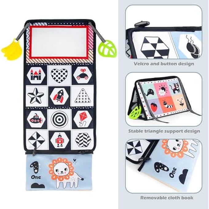 CLOTH BOOKS TUMMY TIME TOYS WITH MIRROR, BLACK AND WHITE HIGH CONTRAST EARLY EDUCATIONAL TOY SET FOR NEWBORNS AND INFANTS, 3-IN-1 BABY DEVELOPMENTAL TOY, PORTABLE AND FOLDABLE BABY GIFT - Image 4