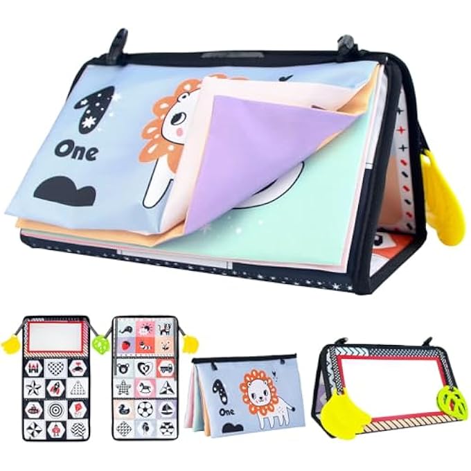 CLOTH BOOKS TUMMY TIME TOYS WITH MIRROR, BLACK AND WHITE HIGH CONTRAST EARLY EDUCATIONAL TOY SET FOR NEWBORNS AND INFANTS, 3-IN-1 BABY DEVELOPMENTAL TOY, PORTABLE AND FOLDABLE BABY GIFT - Image 1