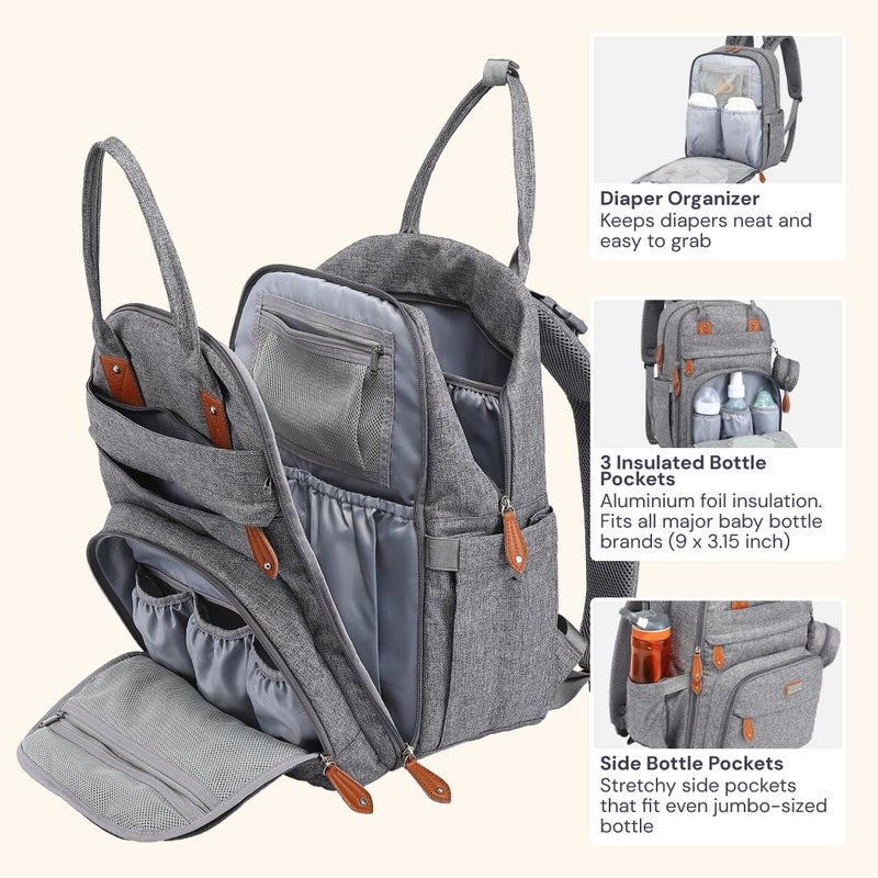 BabbleRoo Diaper Bag Backpack - Baby Essentials Travel Tote - Multi Function Water Resistant Diaper Bag, Travel Essentials Baby Bag with Changing Pad, Stroller Straps & Pacifier Case - Light Gray - Image 5