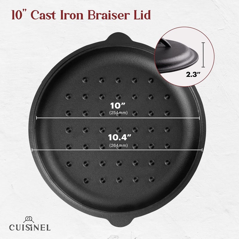Cuisinel Cast Iron Lid - Fits 10"-Inch Lodge Skillet Frying Pans or Braiser + Silicone Handle Holder + Care Guide - 25.4-cm Pre-Seasoned Universal Replacement Cover - Indoor/Outdoor, Fire, BBQ Safe - Image 2