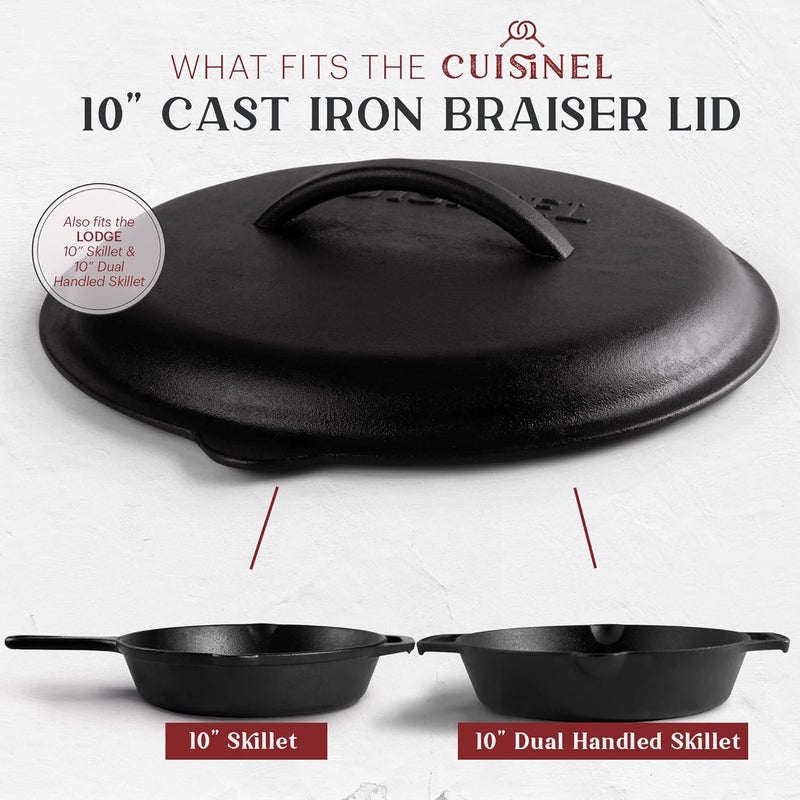 Cuisinel Cast Iron Lid - Fits 10"-Inch Lodge Skillet Frying Pans or Braiser + Silicone Handle Holder + Care Guide - 25.4-cm Pre-Seasoned Universal Replacement Cover - Indoor/Outdoor, Fire, BBQ Safe - Image 3