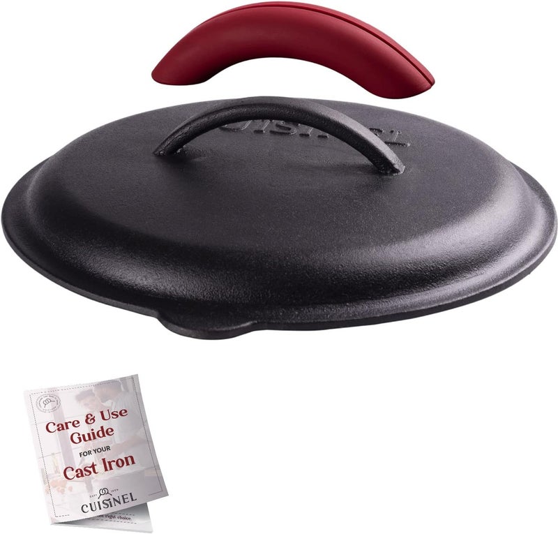 Cuisinel Cast Iron Lid - Fits 10"-Inch Lodge Skillet Frying Pans or Braiser + Silicone Handle Holder + Care Guide - 25.4-cm Pre-Seasoned Universal Replacement Cover - Indoor/Outdoor, Fire, BBQ Safe - Image 1