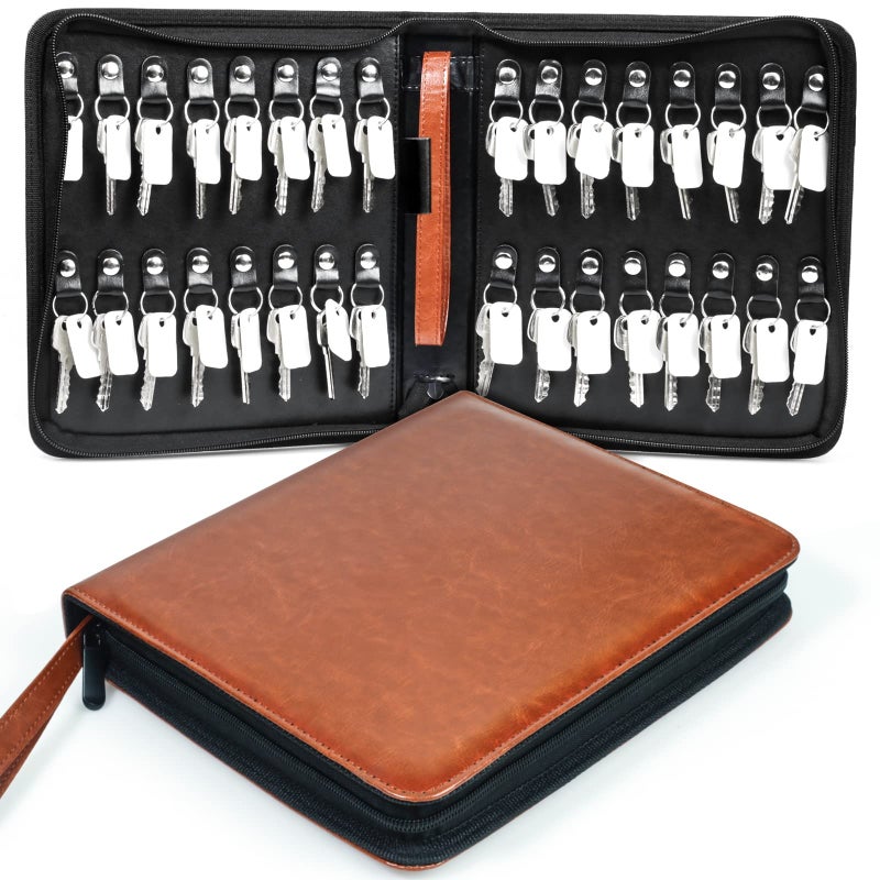 tutata Portable Zippered Key Case, Leather Key Organizer with Handle, 32 Key Capacity, for Real Estate Sales, Hotel Executives, Car Service (Brown) - Image 1
