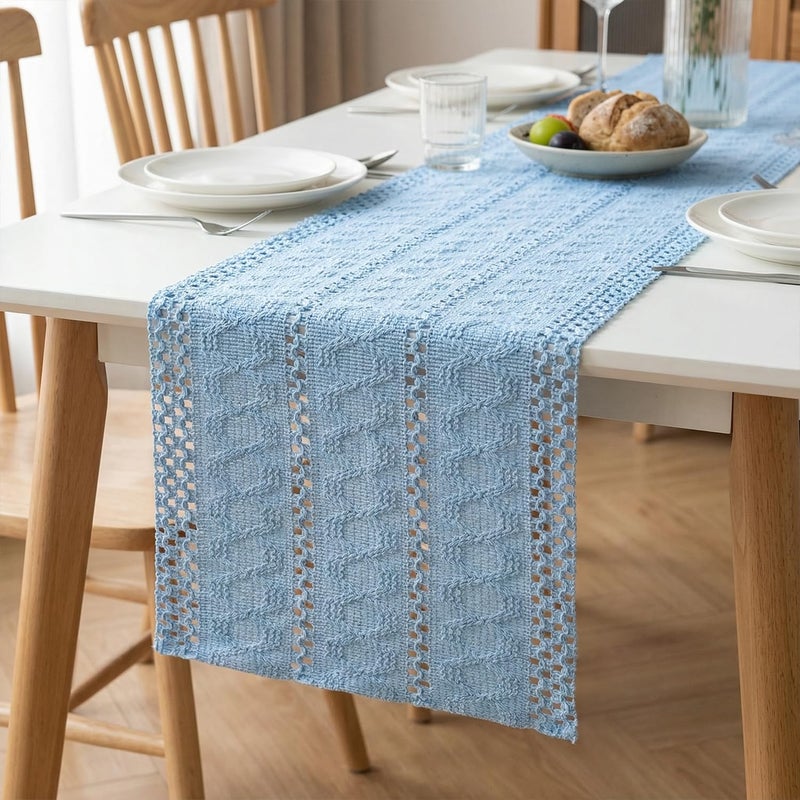 Artoid Mode Sky Blue Farmhouse Woven Rustic Hollow Table Runner, Seasonal Holiday Hollow Kitchen Dining Table Decoration for Home Party Decor 12x72 Inch - Image 5