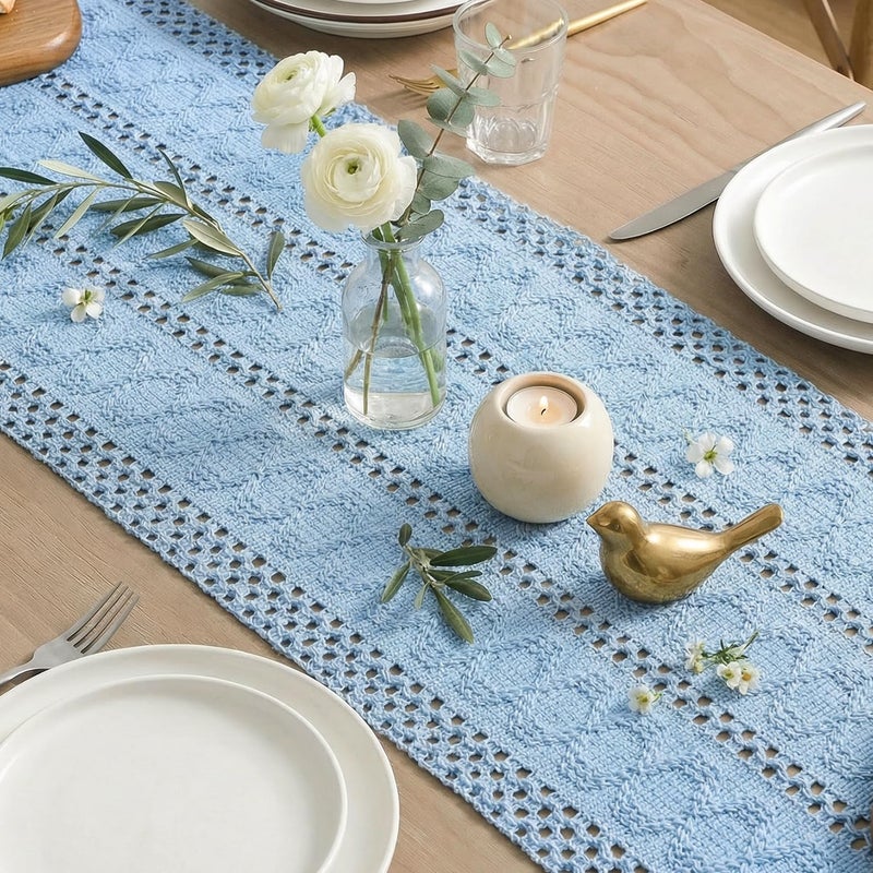 Artoid Mode Sky Blue Farmhouse Woven Rustic Hollow Table Runner, Seasonal Holiday Hollow Kitchen Dining Table Decoration for Home Party Decor 12x72 Inch - Image 4