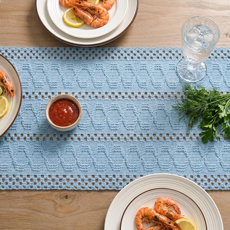 Artoid Mode Sky Blue Farmhouse Woven Rustic Hollow Table Runner, Seasonal Holiday Hollow Kitchen Dining Table Decoration for Home Party Decor 12x72 Inch - Image 3