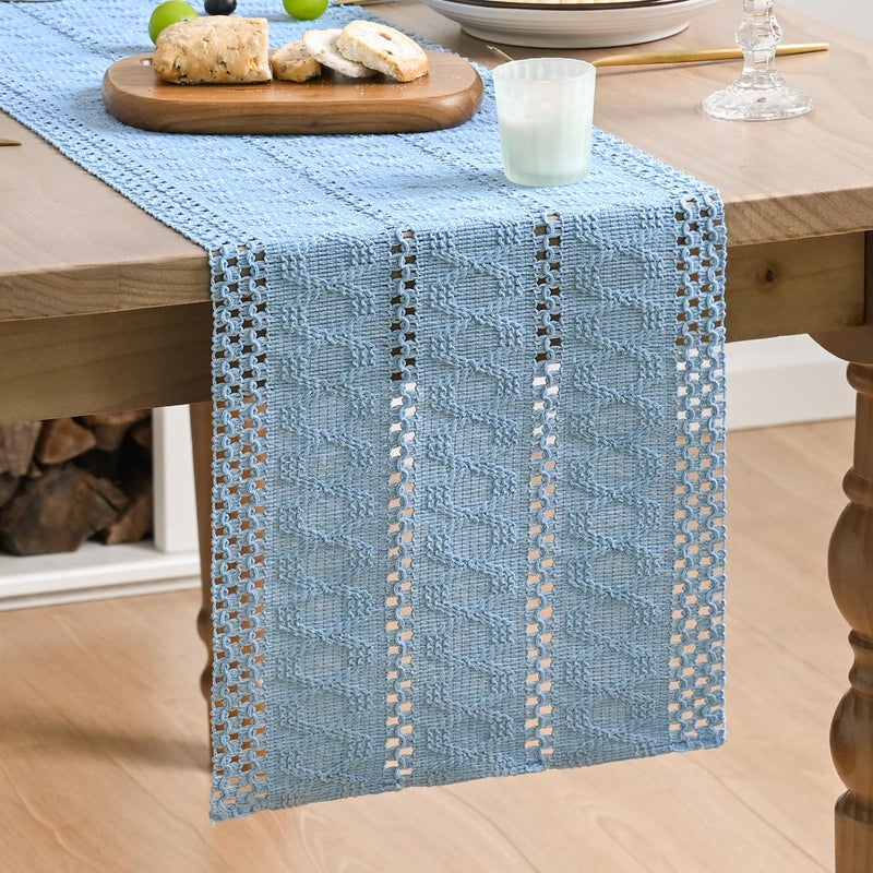 Artoid Mode Sky Blue Farmhouse Woven Rustic Hollow Table Runner, Seasonal Holiday Hollow Kitchen Dining Table Decoration for Home Party Decor 12x72 Inch - Image 1