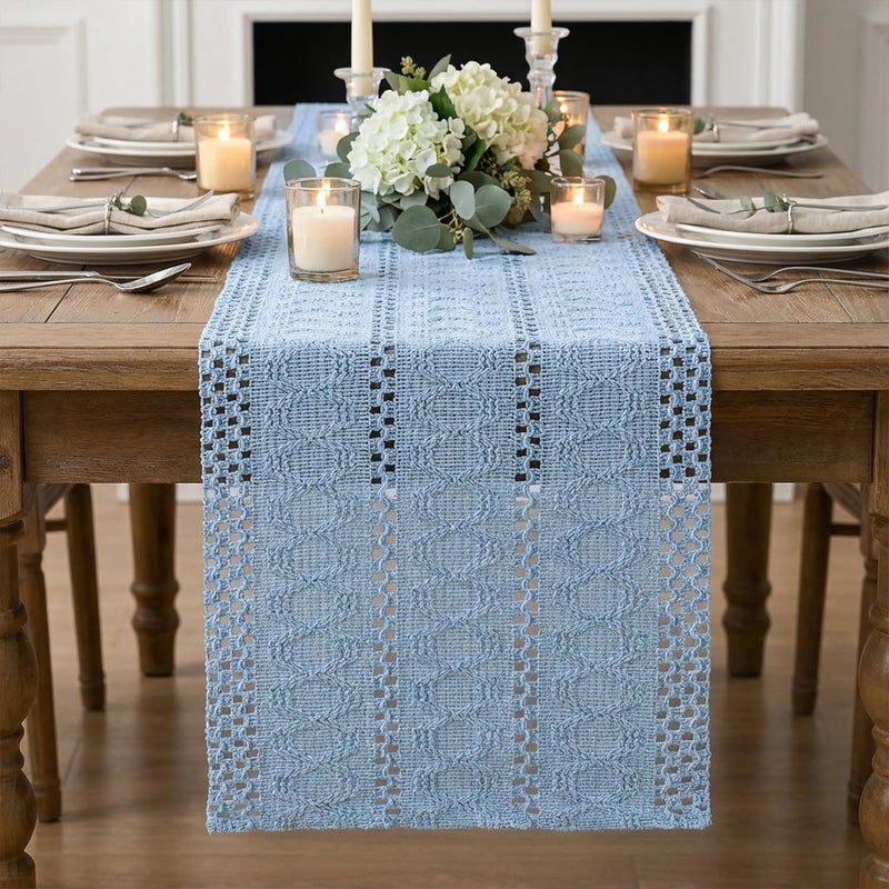 Artoid Mode Sky Blue Farmhouse Woven Rustic Hollow Table Runner, Seasonal Holiday Hollow Kitchen Dining Table Decoration for Home Party Decor 12x72 Inch - Image 2