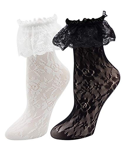 Lovful Women's Lace Anklet Sock with Ruffle, 2 Pairs Set,BlackWhite - Image 1