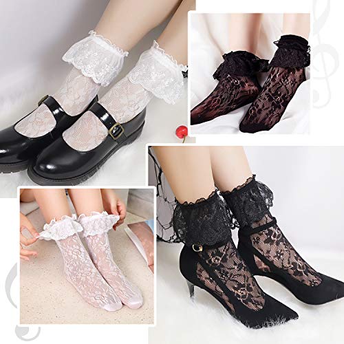 Lovful Women's Lace Anklet Sock with Ruffle, 2 Pairs Set,BlackWhite - Image 5