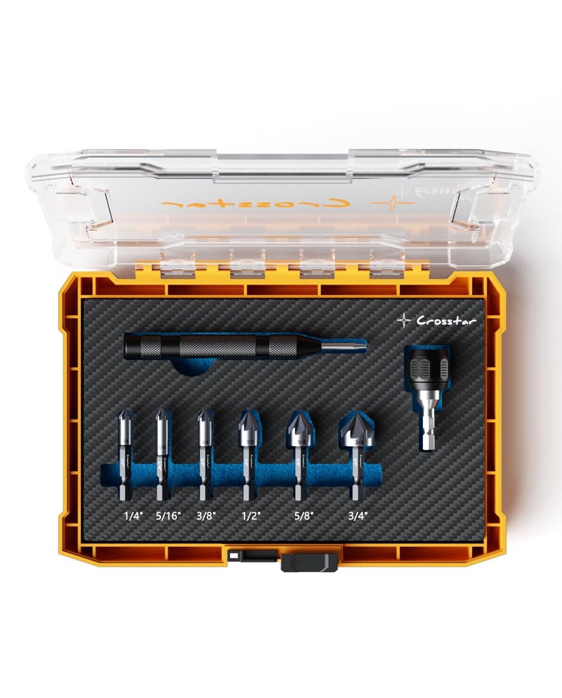 Crosstar Pro Cobalt Countersink Drill Bit Set, Titanium Aluminum Nitride Coated, 1/4" Hex Shank, 6-Piece (1/4" to 3/4") with Center Punch & Quick-Change Adapter for Metal, Stainless Steel - Image 1