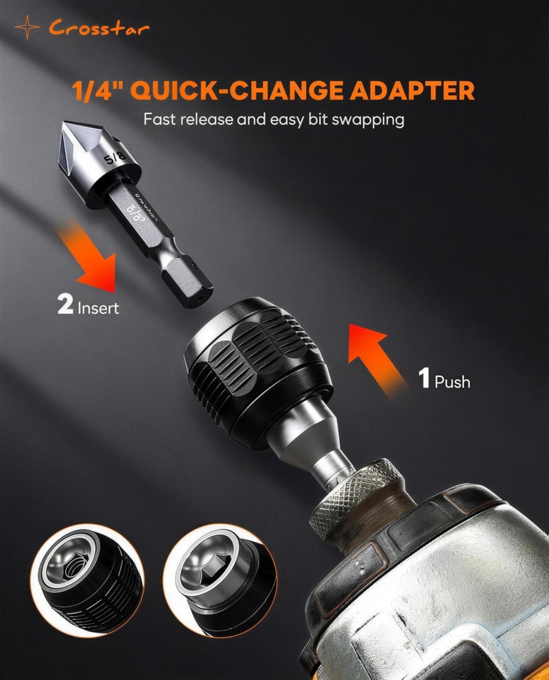 Crosstar Pro Cobalt Countersink Drill Bit Set, Titanium Aluminum Nitride Coated, 1/4" Hex Shank, 6-Piece (1/4" to 3/4") with Center Punch & Quick-Change Adapter for Metal, Stainless Steel - Image 5