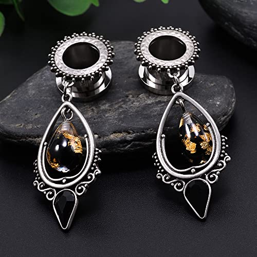 TBOSEN Stainless Steel Teardrop Black Obsidian Stone Large Dangle Bridal Plug Ear Gauges Stretching Tapers Screw Fit Tunnels (Gauge:0g(8mm)) - Image 4
