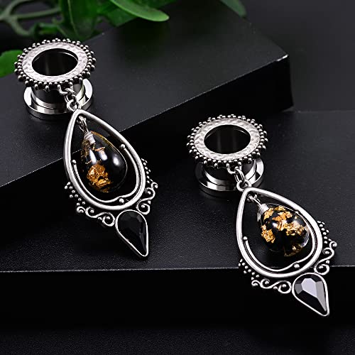 TBOSEN Stainless Steel Teardrop Black Obsidian Stone Large Dangle Bridal Plug Ear Gauges Stretching Tapers Screw Fit Tunnels (Gauge:0g(8mm)) - Image 3