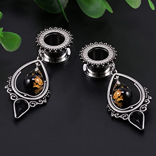 TBOSEN Stainless Steel Teardrop Black Obsidian Stone Large Dangle Bridal Plug Ear Gauges Stretching Tapers Screw Fit Tunnels (Gauge:0g(8mm)) - Image 2