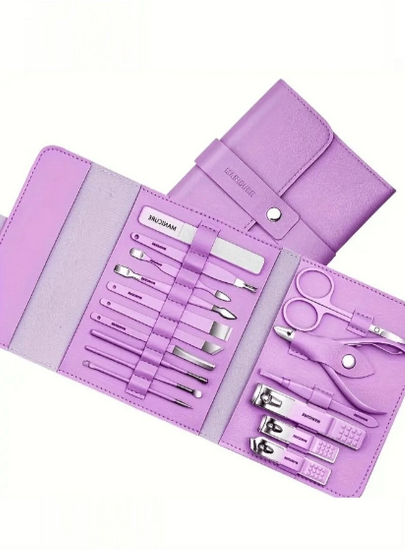 مجموعة العناية بالأظافر والباديكير الاحترافية - 12 قطعة بتصميم أرجواني مع حقيبة عملية للسفر - Image 2