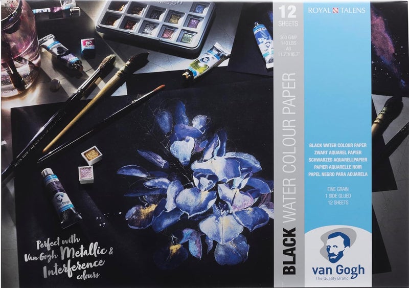Van Gogh Watercolor Paper Pad 140lb Black Paper 12 Sheets 117 x 165 A3 - Image 1