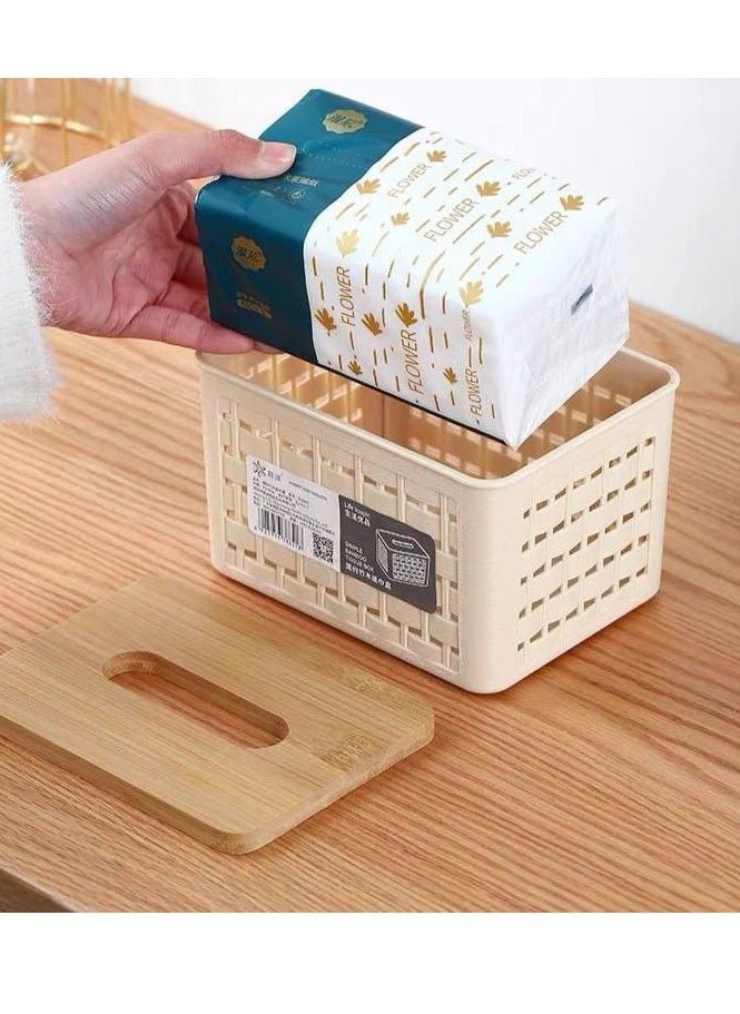 Generic Plastic Paper Towel Holder with Bamboo Lid, Paper Towel Box Holder, Car Home Decor Tissue Dispenser, Facial Tissue Dispenser Holder for Bathroom Vanity Table IR  - Image 2